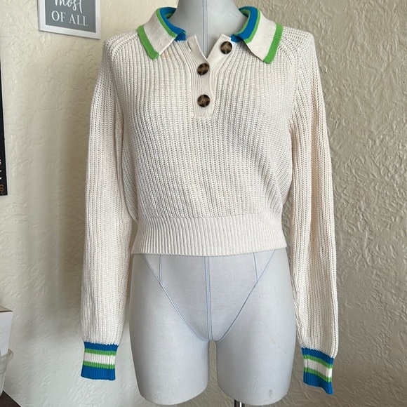 Urban Outfitters BDG Ivory Cropped Collared Taylor Sweater Green Blue Trim M - Picture 4 of 13